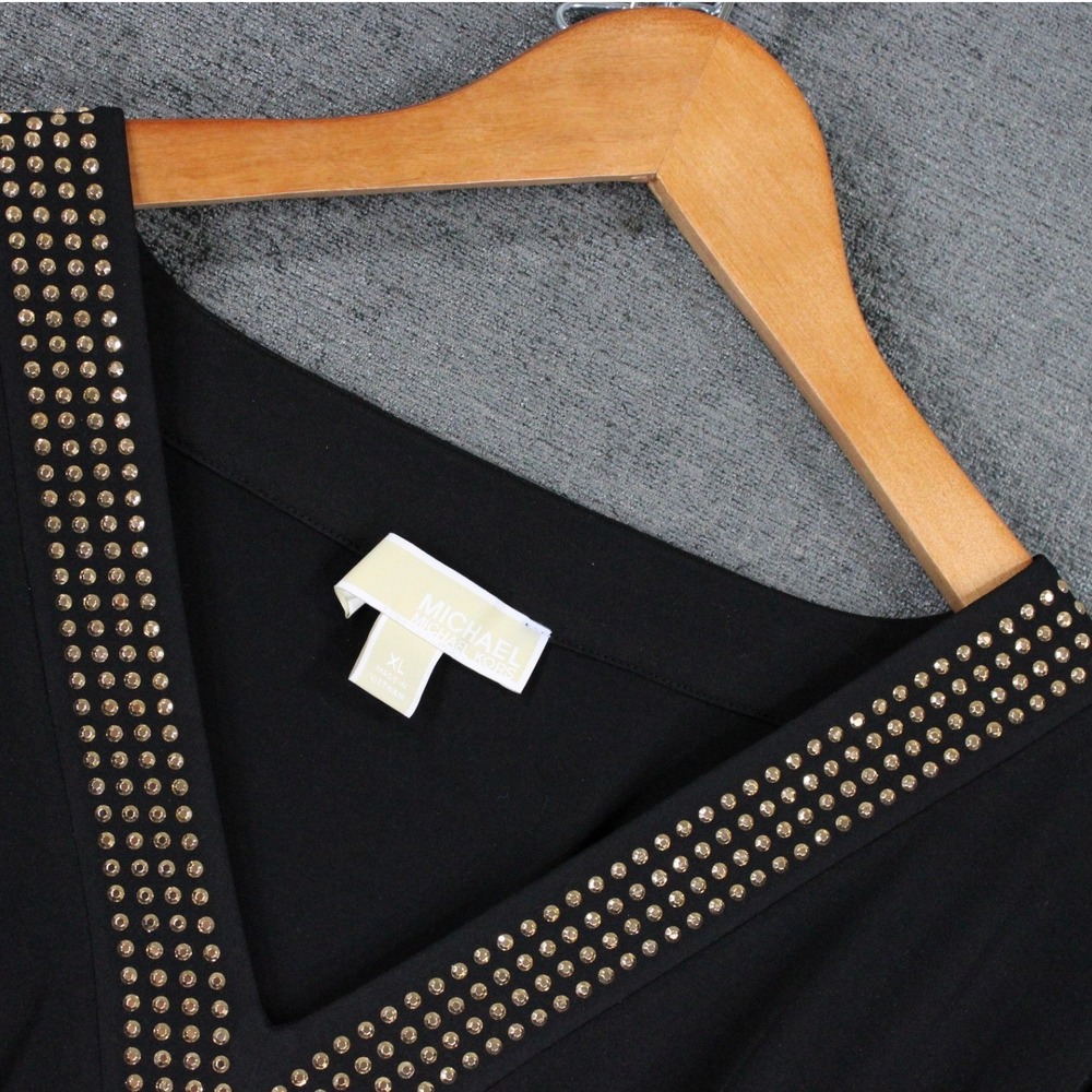 Michael Kors Black Studded V-Neck Long Sleeve Belted Dress XL